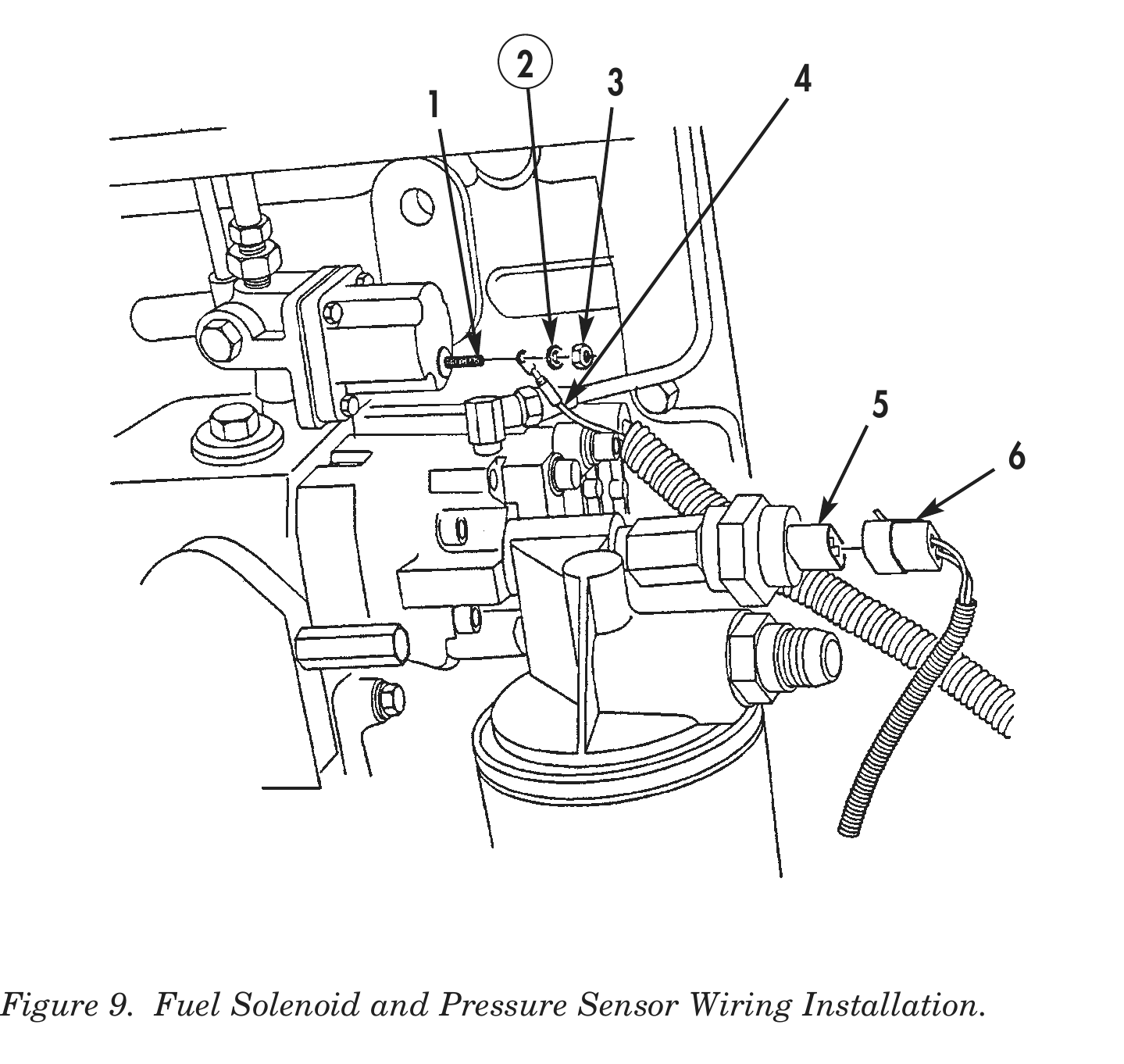 Figure 9. Fuel Solenoid and Pressure Sensor Wiring Installation.