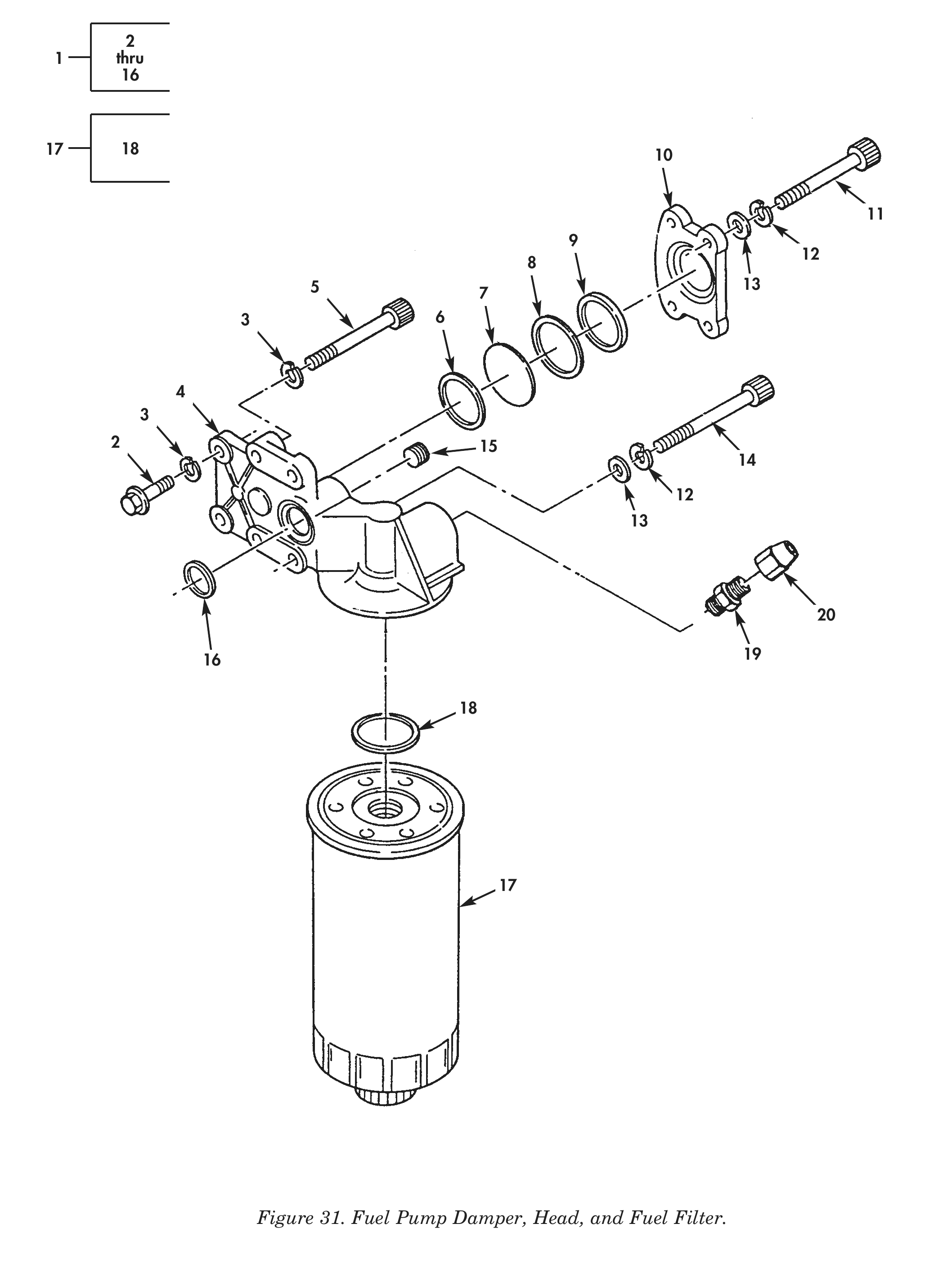 Figure 31. Fuel Pump Damper, Head, and Fuel Filter.